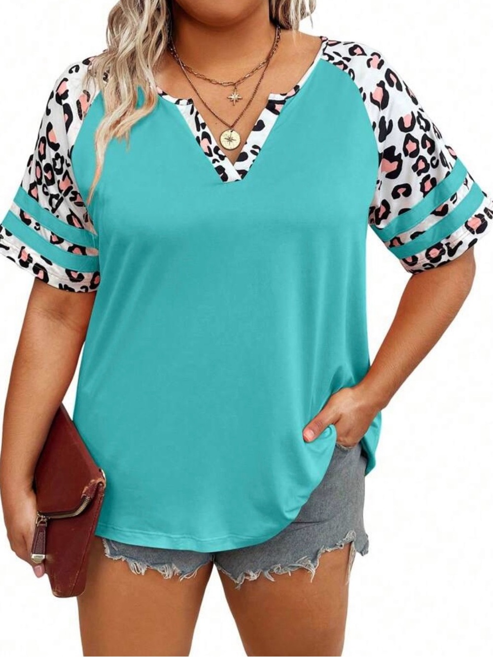 SHEIN Teal V-Neck Short Sleeve Top with Leopard Print Sleeves
